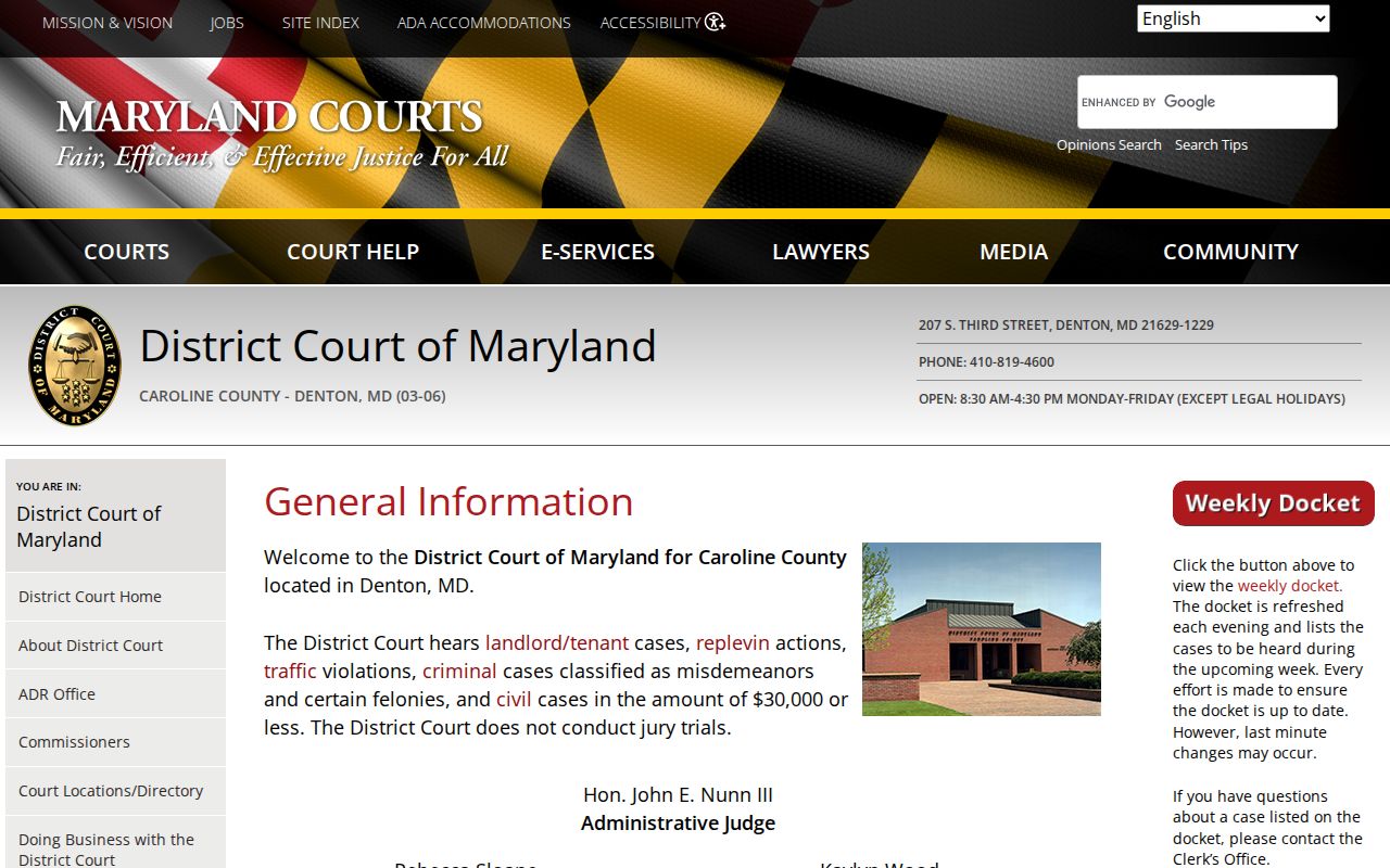Caroline County District Court directory listing used for bench warrant status checks