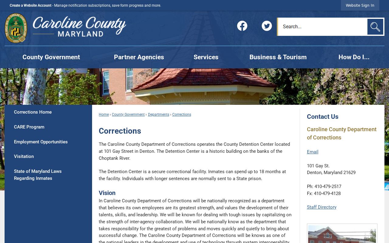 Caroline County Detention Center page with contact details for custody questions during an arrest warrant matter