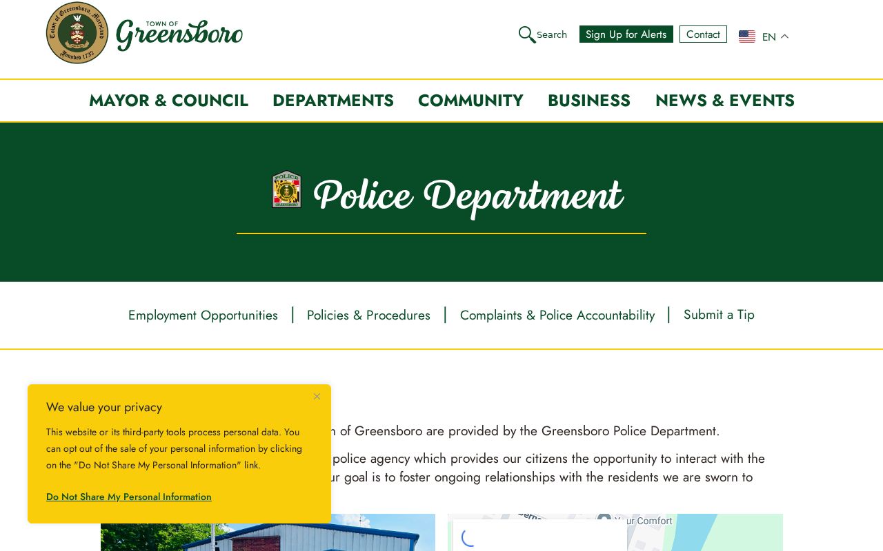 Greensboro Police Department page with the town agency contact for Greensboro warrant questions