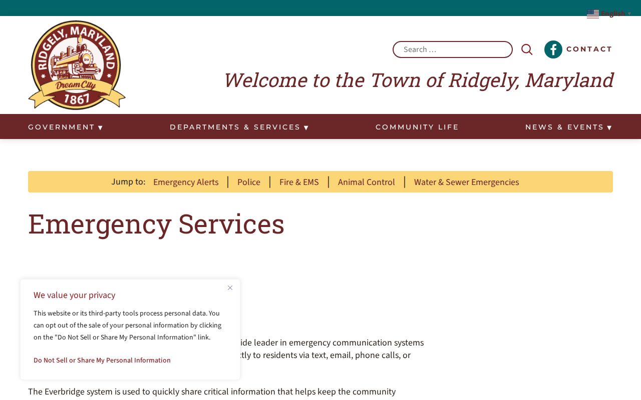 Ridgely emergency services page describing Caroline County Sheriff warrant service for the town