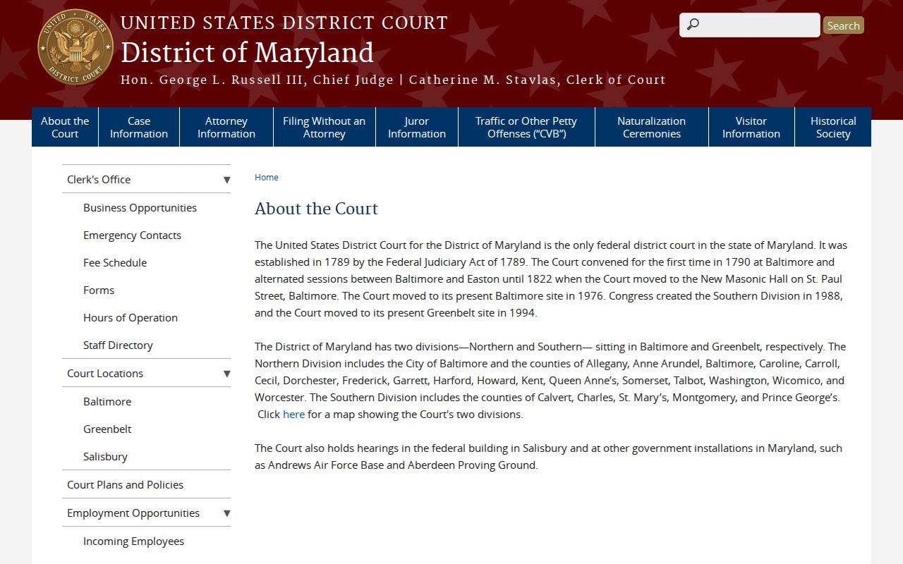 Federal district court page showing that Caroline County falls in the Maryland Northern Division