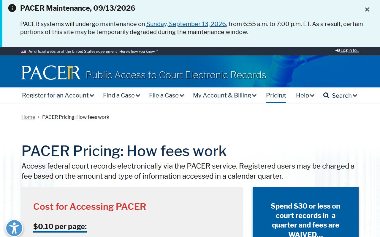 PACER federal case search fee page used for Caroline County federal warrant cases