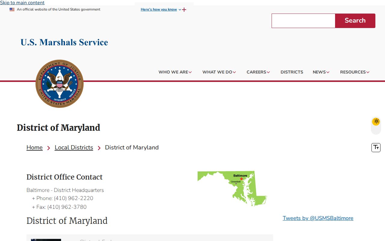 U.S. Marshals District of Maryland contact page for federal arrest warrant questions