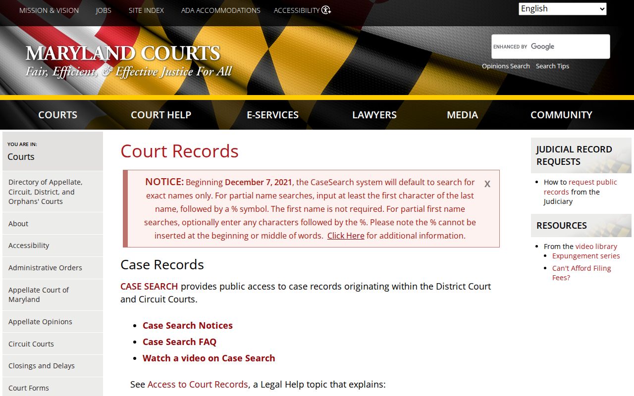 Maryland court records page showing exact-name and partial-name search syntax for Caroline County warrants