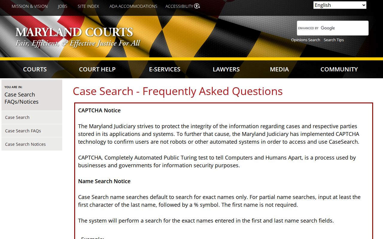 Case Search tips page describing result limits and restricted records for Caroline County warrant checks